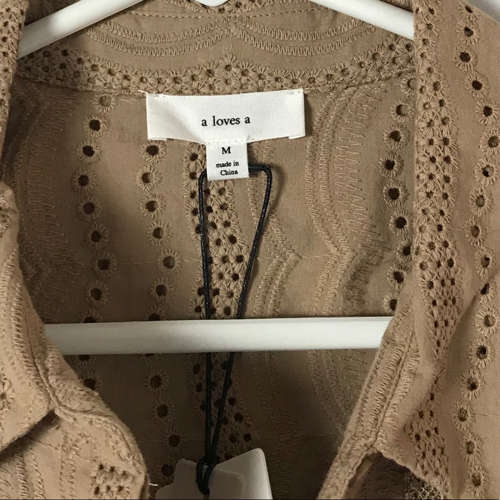 Embroidered Eyelet Front Button Mini Dress in Khaki - Picture 6 of 9